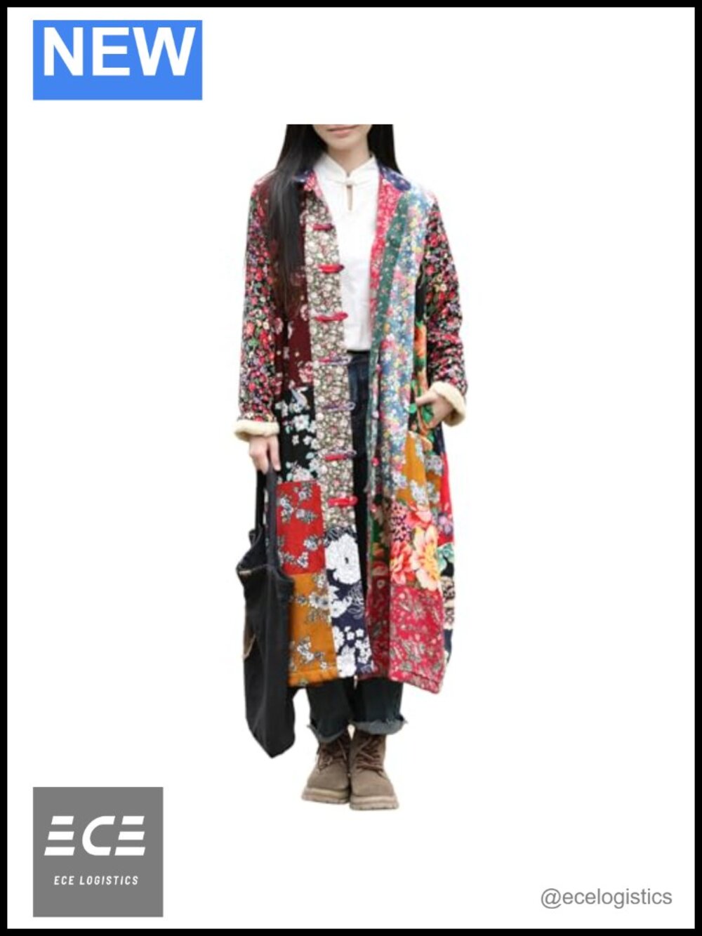Womens Boho Patchwork Fleece Coat Long Button Trench Jacket Fall Winter